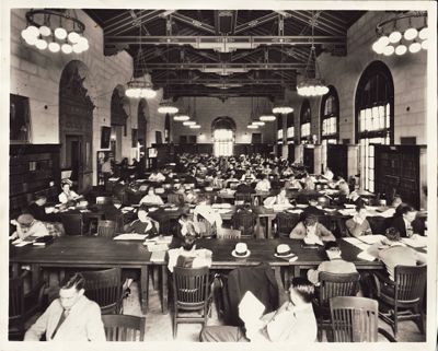 Old Library (Battle Hall): view looking to north window, students studying at long tables