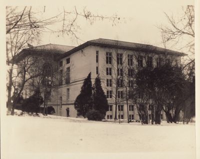 Old Library exterior photos:  view from west side, snow scene