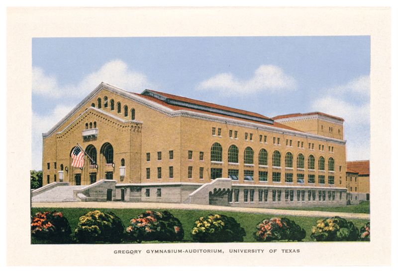 University of Texas at Austin. Gregory Gymnasium (Austin, Tex.): exterior view of front entrance, southwest corner perspective