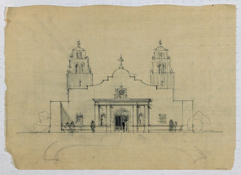 Mission San Antonio de Valero: front facade, sketch