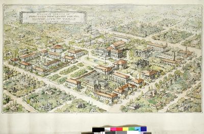Birdseye sketch of proposed new layout for the University of Texas