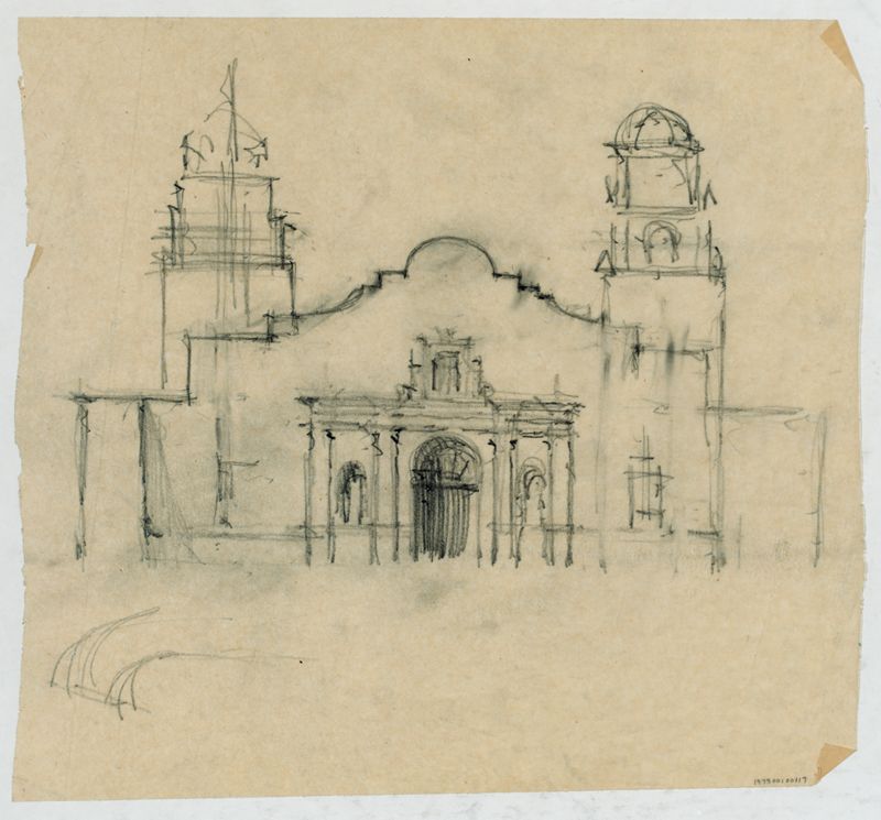 Mission San Antonio de Valero: front facade, sketch