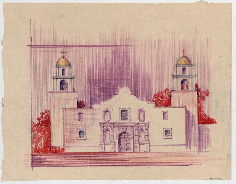 Mission San Antonio de Valero: front facade, color rendering