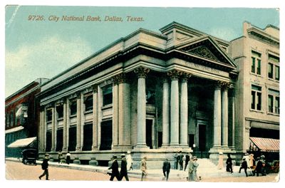City National Bank (Dallas, Tex.): exterior view of front entrance with car, corner perspective
