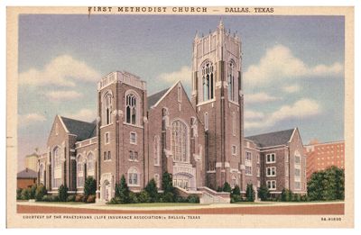 First M.E. Church South (Dallas, Tex.): exterior view of front entrance, corner perspective