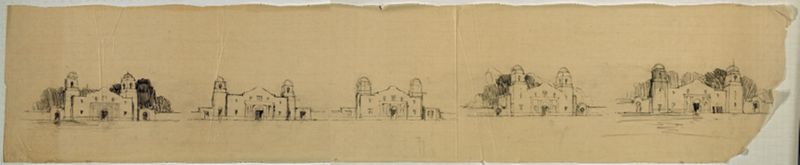 Mission San Antonio de Valero: front facade, sketches