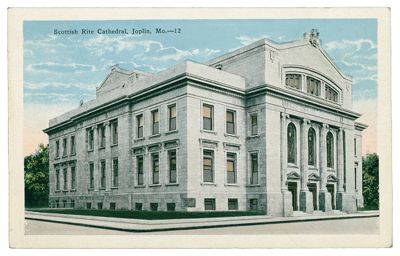 Scottish Rite Cathedral (Joplin, Mo.): exterior view of front entrance, corner perspective