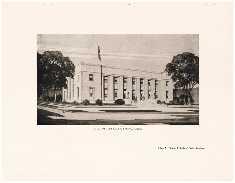 United States Post Office (Big Spring, Tex.): exterior view of front entrance, corner perspective