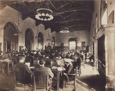 Old Library (Battle Hall): view looking to north window, students studying