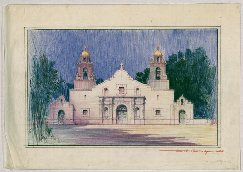 Mission San Antonio de Valero: front facade, color rendering