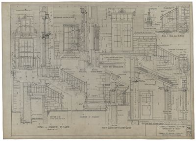University of Texas at Austin. Littlefield Memorial Dormitory (Austin, Tex.): detail, section, and elevations of entrances and other building details