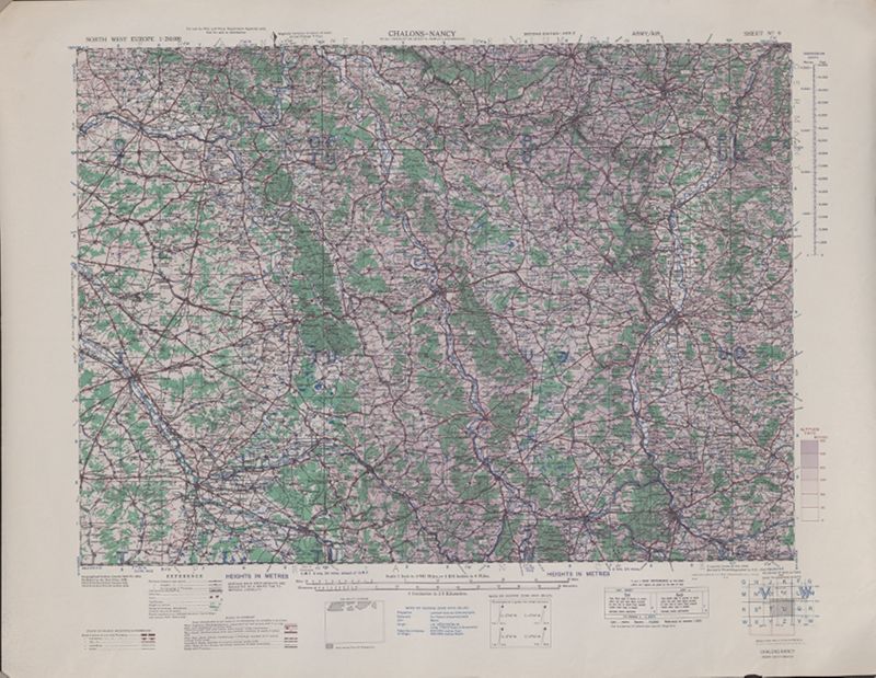 North west Europe 1:250,000. Sheet no. 9, Chalons-Nancy   Geographical Section, General Staff  No. 4042 ; compiled, drawn at O.S., 1930 ; revised &amp; photolithographed by O.S., 1943 ; Army Map Service, U.S. Army.